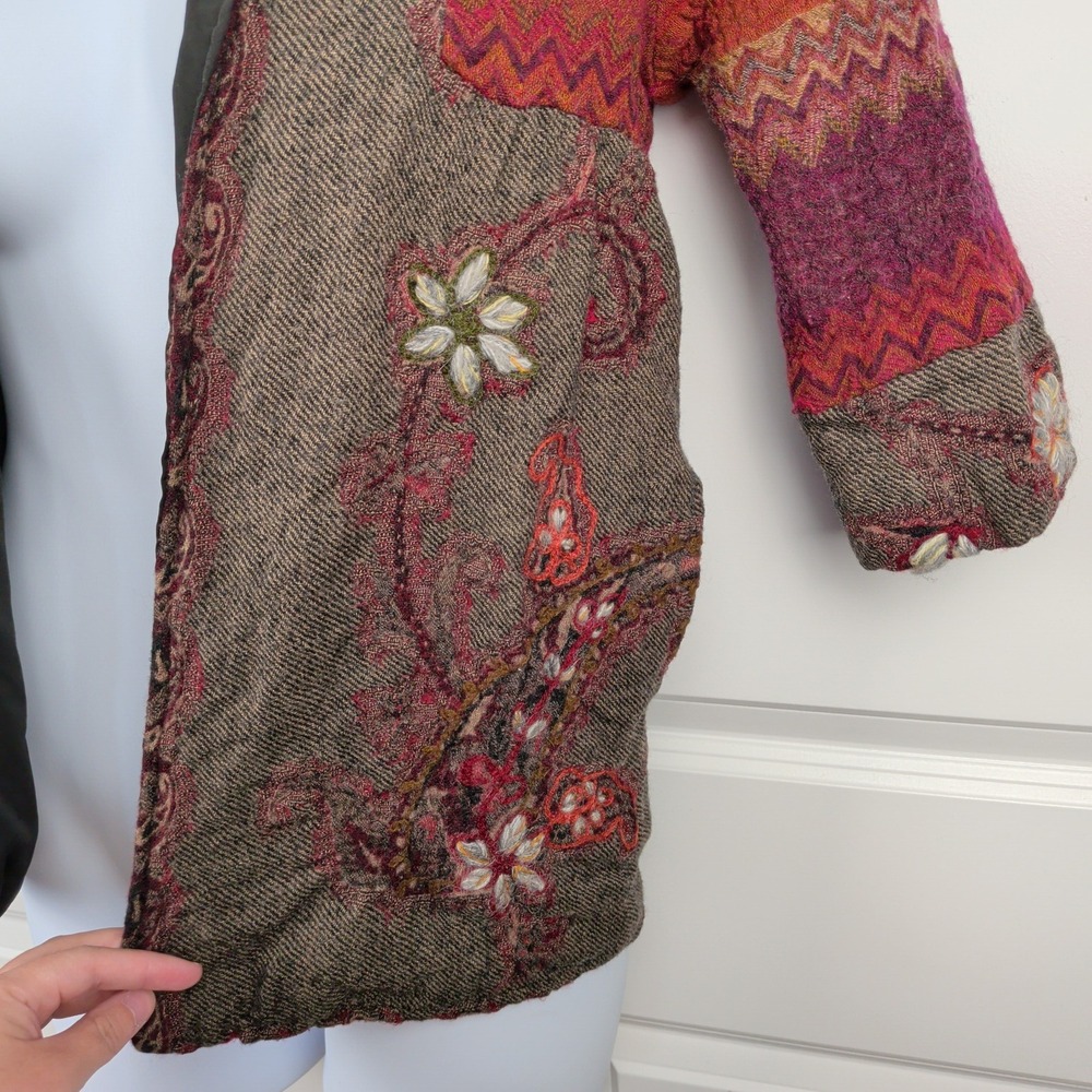 Patchwork Earthy Goblincore Wool Embroidered Jacket PXS Red Brown Paisley - Picture 4 of 10